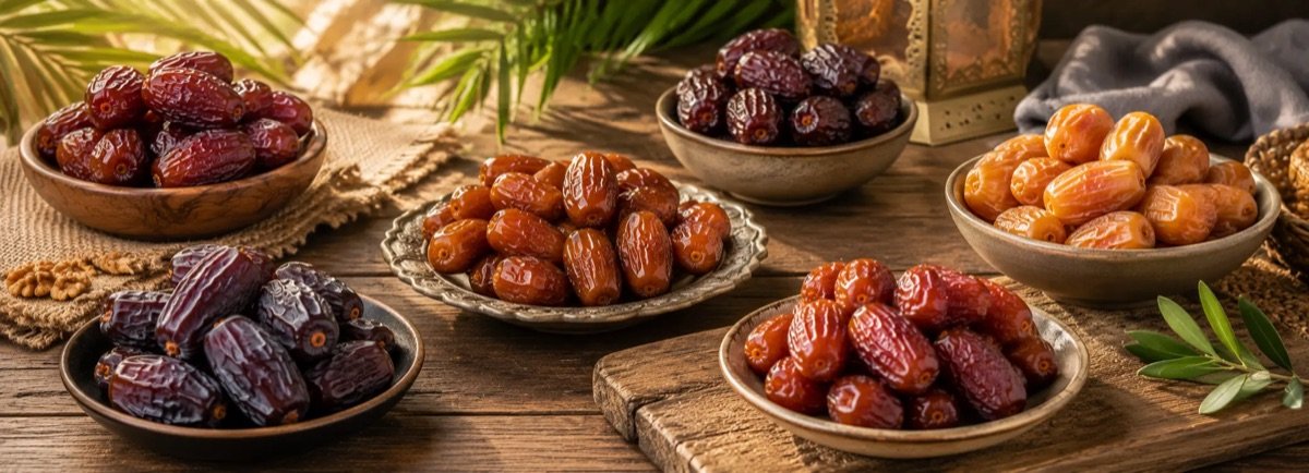 Assorted bowls of premium date varieties